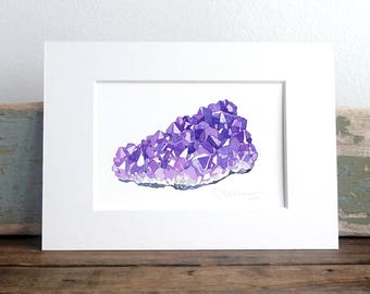 Impresión de acuarela de amatista, decoración de pared de cristal, pintura mineral, regalo de coleccionista de cristales