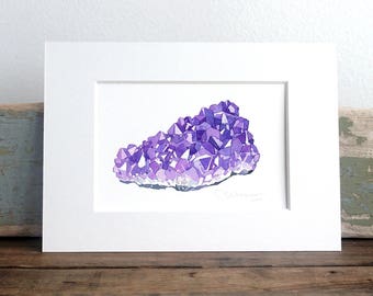 Amethyst Watercolor Print Crystal Wall Decor Mineral Painting Crystal Collector Gift