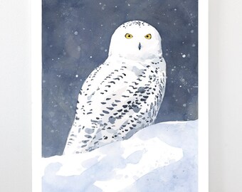 White owl painting woodland nursery poster Polar Owl art print wall decor Flying bird Watercolor Snowy owl fine art print