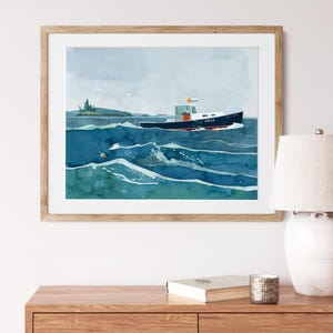 May include: A watercolor painting of a blue and white boat sailing on a choppy sea. The boat is in the foreground and the sea is in the background. The painting is framed in a light wood frame.