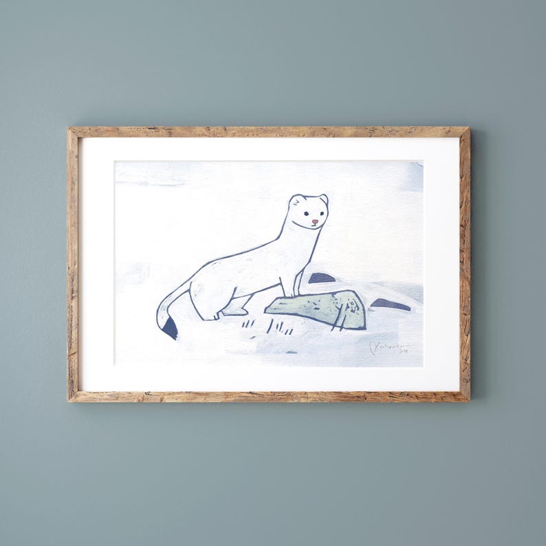 Ermine Print White Weasel in Snow Painting Animal Art image 1