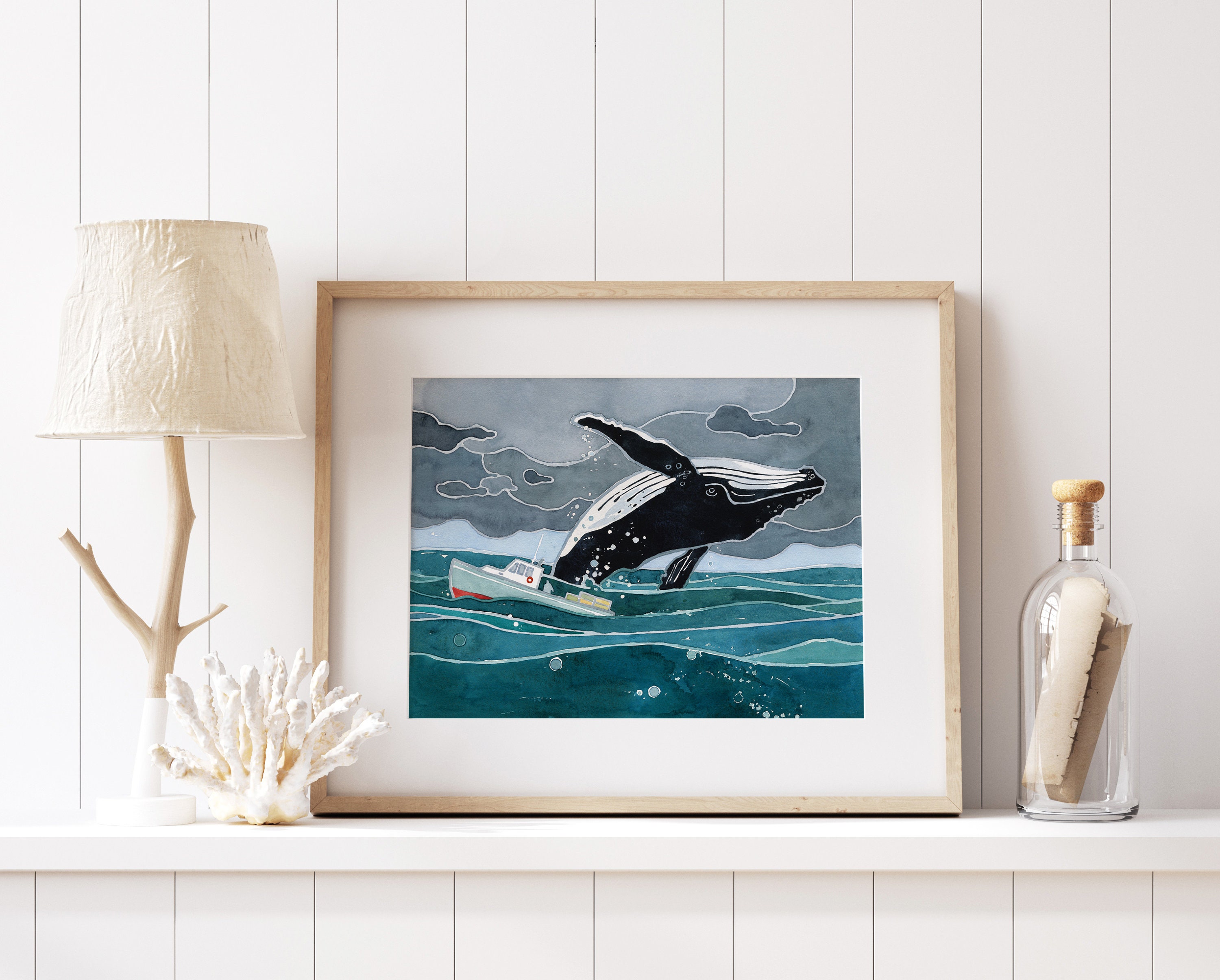 ジャンプするクジラの水彩画アートプリント：沿岸海の装飾 - Etsy 日本