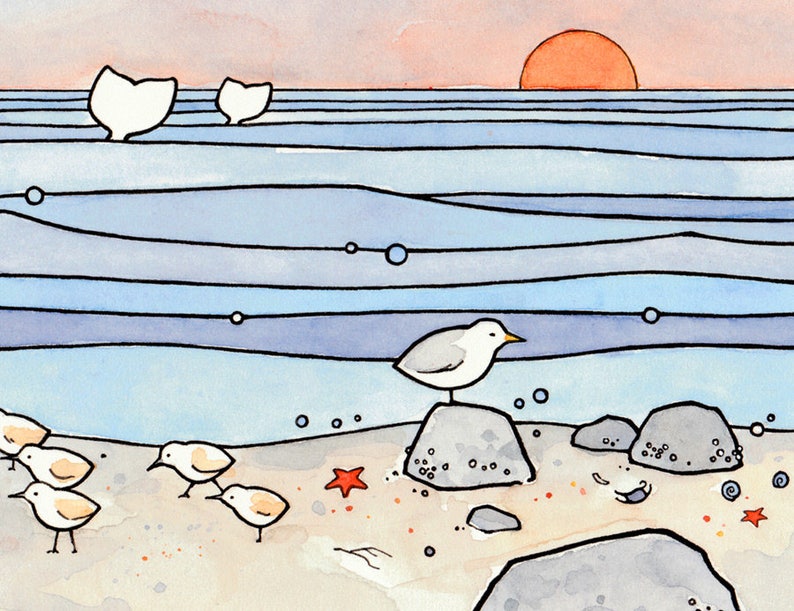 Beach Illustration Sandpipers and Whales Print Coastal Shore Art Illustration image 6