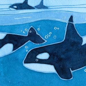 May include: A watercolor painting of three orcas swimming in blue water. The orcas are black with white markings. The water is a light blue color with white bubbles.