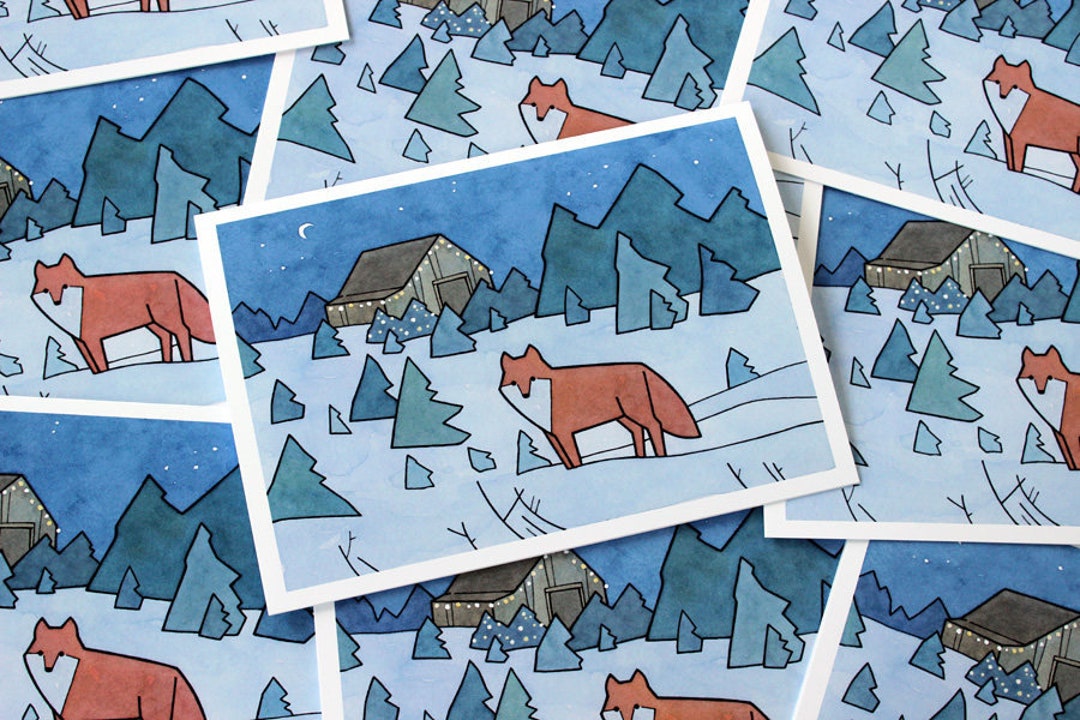 Red Fox Christmas Cards Christmas Trees Illustrated Holiday Card Set Etsy