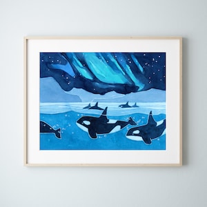 May include: A watercolor painting of five orcas swimming in a dark blue ocean under a vibrant green and blue aurora borealis.