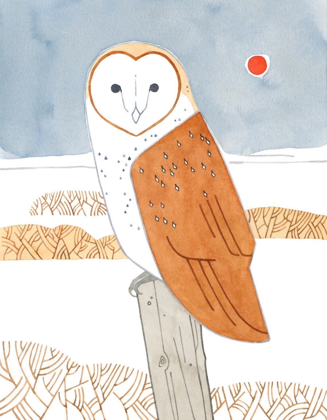 Barn Owl Folk Art Print Winter Landscape Watercolor Bird - Etsy