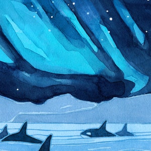 May include: Watercolor painting of a dark blue sky with a bright blue aurora borealis, and a pod of orcas swimming in the water below.