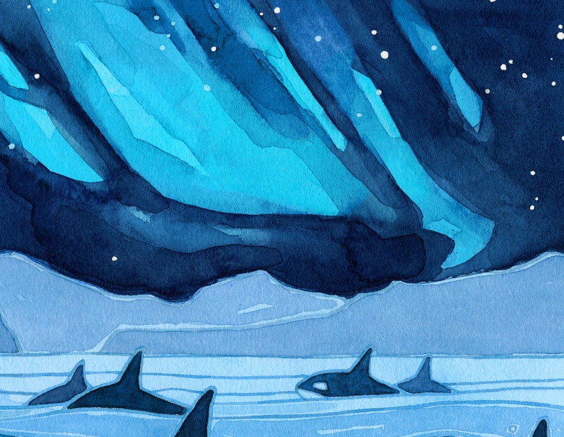 May include: Watercolor painting of a dark blue sky with a bright blue aurora borealis, and a pod of orcas swimming in the water below.