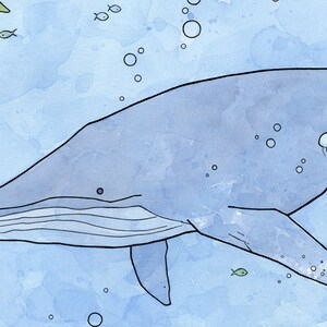 May include: A watercolor painting of a blue whale swimming in the ocean. The whale is facing the left side of the image and has a light blue body with dark blue lines. There are small, white bubbles around the whale and a few small, green fish swimming in the background.