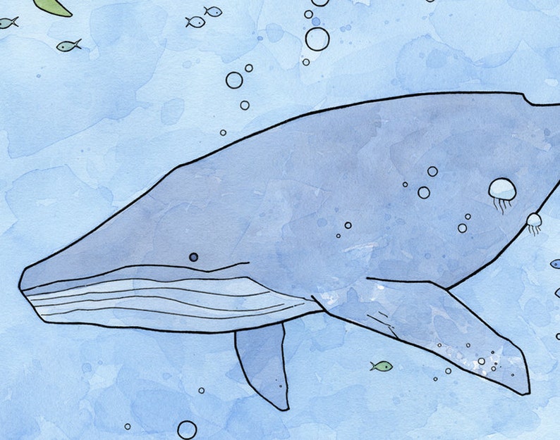 May include: A watercolor painting of a blue whale swimming in the ocean. The whale is facing the left side of the image and has a light blue body with dark blue lines. There are small, white bubbles around the whale and a few small, green fish swimming in the background.