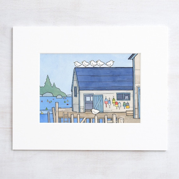 Lobster Dock Art Print Whimsical New England Seascape Print - Etsy