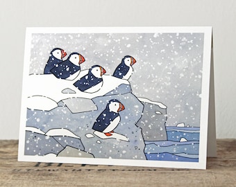 Puffins in Snow Holiday Card Illustrated Iceland Christmas Card