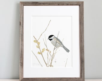 Chickadee Watercolor Print Bird Painting Birder's Gift Backyard Birdwatching Bird Wall Art