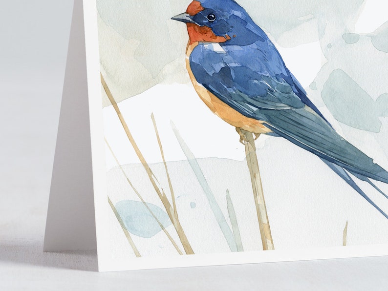 May include: A watercolour painting of a blue and orange bird perched on a twig. The bird has a long tail and a pointed beak. The background is a soft blue and green.