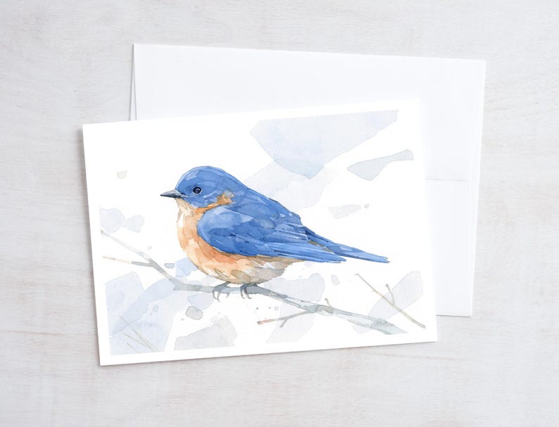 May include: A watercolour painting of a bluebird perched on a branch. The bird has a blue back, white chest, and orange belly. The background is a light blue watercolour wash.