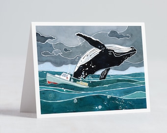 Whale Breaching Note Card Whale and Fishing Boat