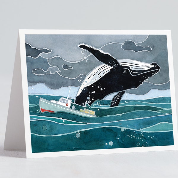 Whale Breaching Note Card Whale and Fishing Boat