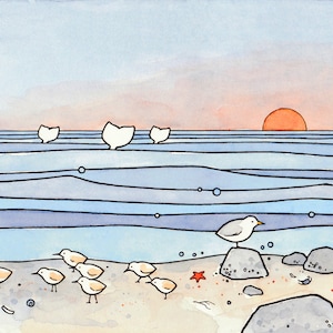Beach Illustration Sandpipers and Whales Print Coastal Shore Art Illustration image 5