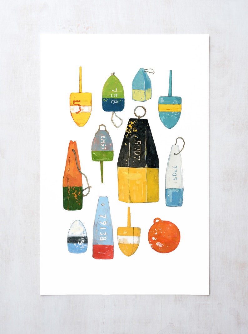 May include: A collection of 12 colorful, wooden, and metal buoys with various numbers and letters painted on them. The buoys are arranged in a random pattern on a white background.