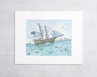 Impresión de barco pirata, decoración pirata, animales del océano, arte de pared para habitación infantil