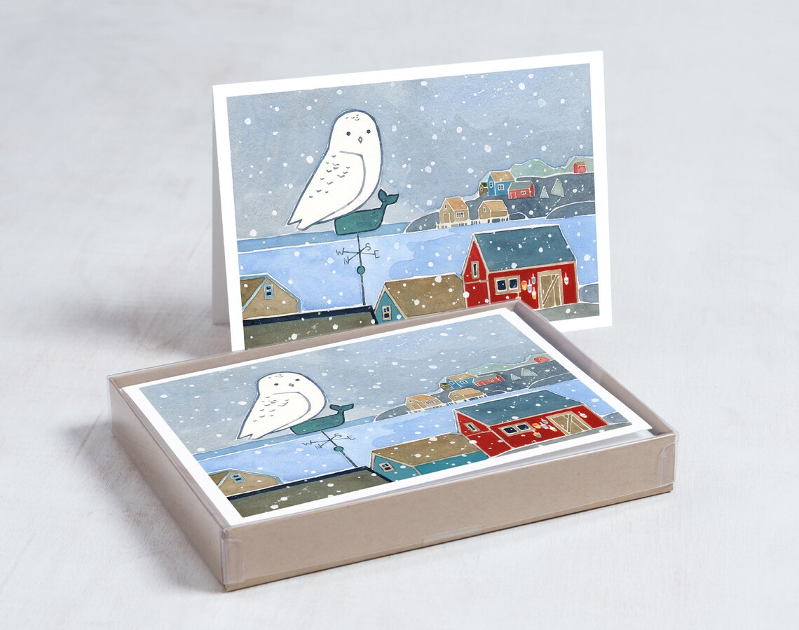 Snowy Owl Coastal Christmas Card Set Nautical Holiday Cards - Etsy