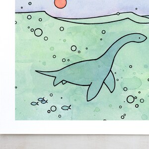 May include: A watercolor illustration of a blue plesiosaur swimming in a green ocean with a red sun in the background. There are small blue fish swimming around the plesiosaur.