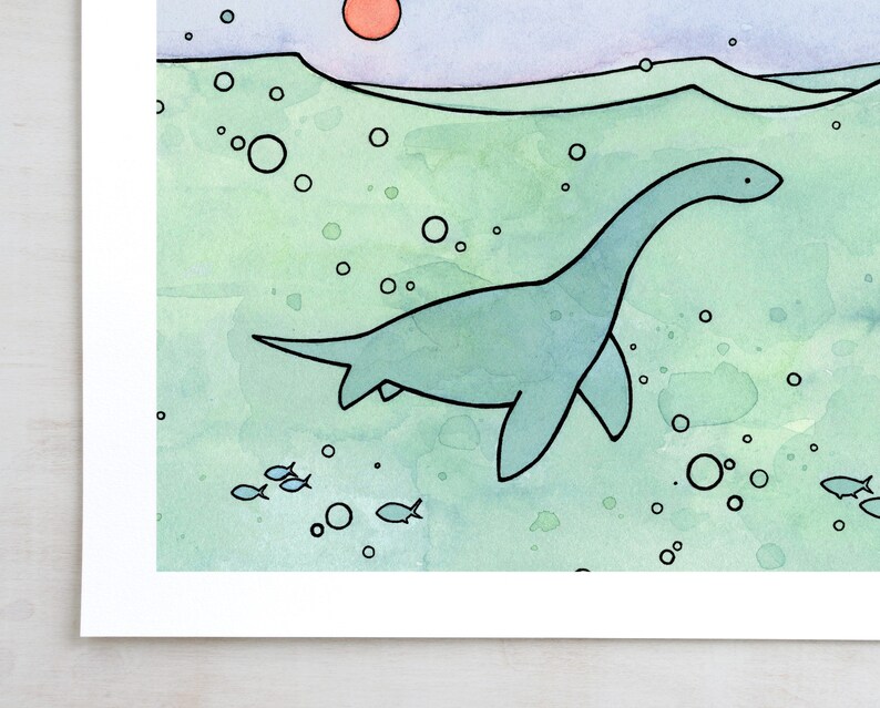 May include: A watercolor illustration of a blue plesiosaur swimming in a green ocean with a red sun in the background. There are small blue fish swimming around the plesiosaur.