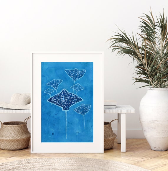 Spotted Eagle Rays Art Print Whimsical Ocean Animal Painting, Under the Sea Decor