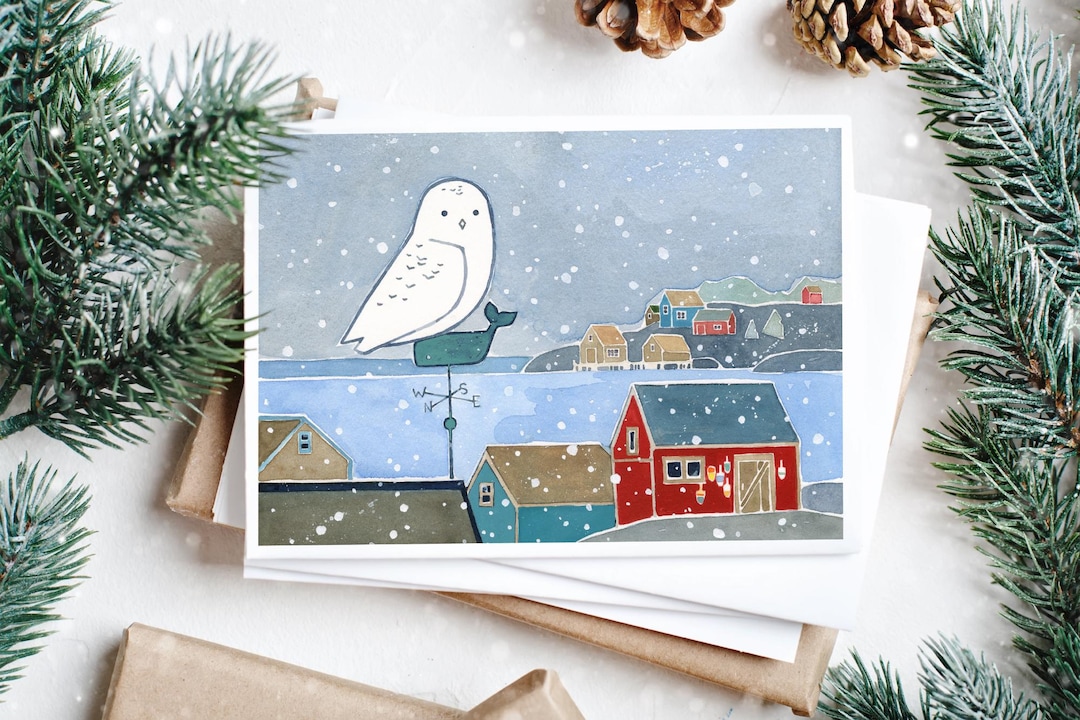Snowy Owl Coastal Christmas Card: New England Winter Scene - Etsy