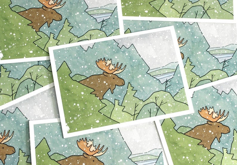 Moose Christmas Card Set Winter Nature Holiday Stationery Blank Notecard image 1