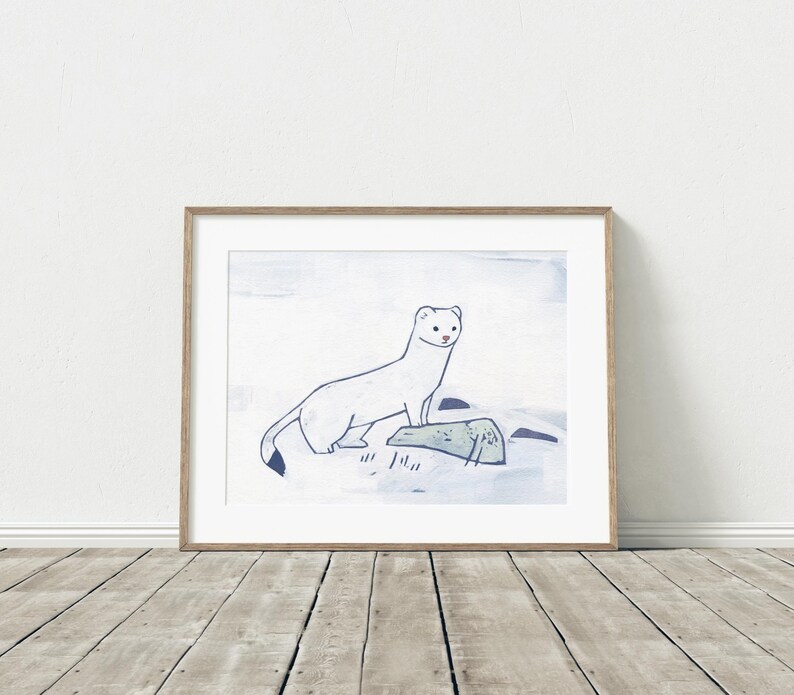 Ermine Print White Weasel in Snow Painting Animal Art image 3
