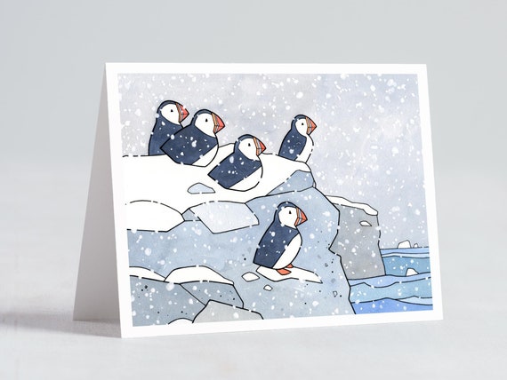 Puffins in Snow Holiday Card Illustrated Iceland Christmas Card