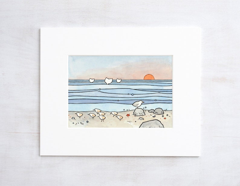 Beach Illustration Sandpipers and Whales Print Coastal Shore Art Illustration 5x7 (8x10 mat)