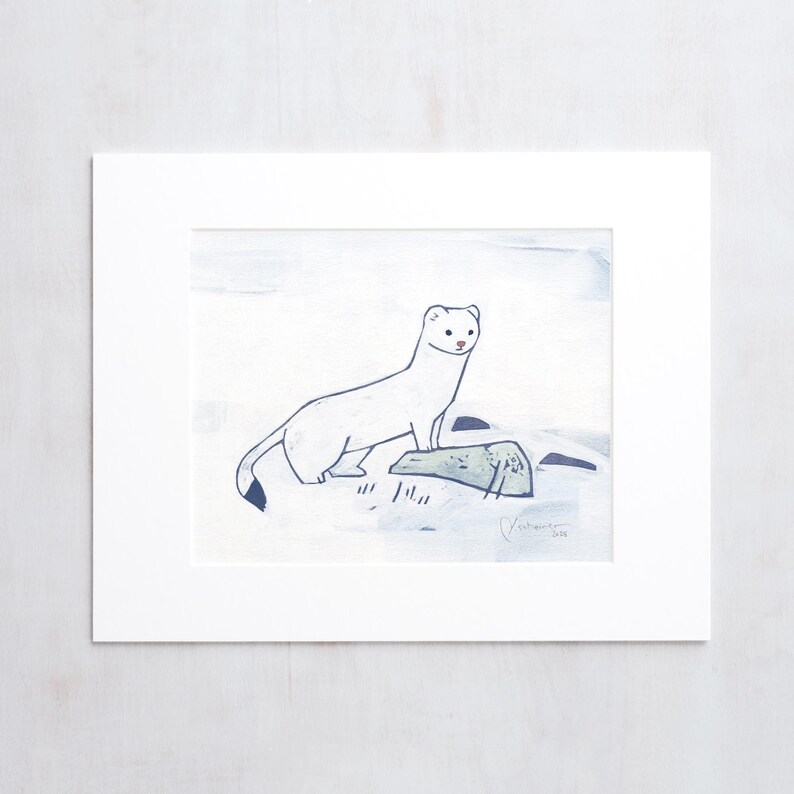Ermine Print White Weasel in Snow Painting Animal Art image 4