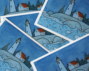 Nautical Christmas Cards Set Lighthouse and Whale Pack of 10