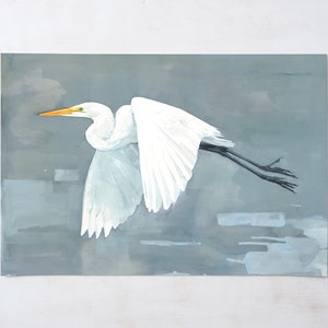Great Egret Print Large Bird Watercolor Painting,Coastal Bird Art 20x30 inches