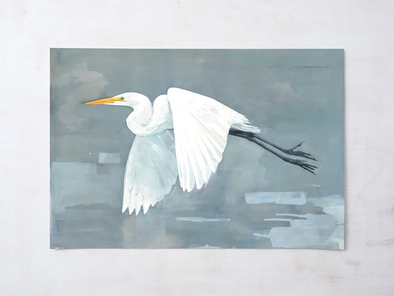 Great Egret Print Large Bird Watercolor Painting,Coastal Bird Art 20x30 inches