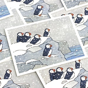 Puffins in Snow Holiday Card Set Nature Themed Cards image 1