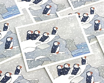 Conjunto de cartões de Natal Puffins in Snow com tema de natureza