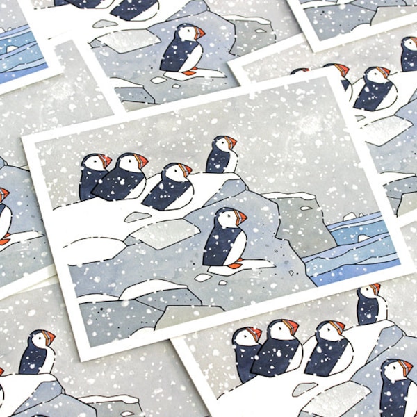 Puffins in Snow Holiday Card Set Nature Themed Cards