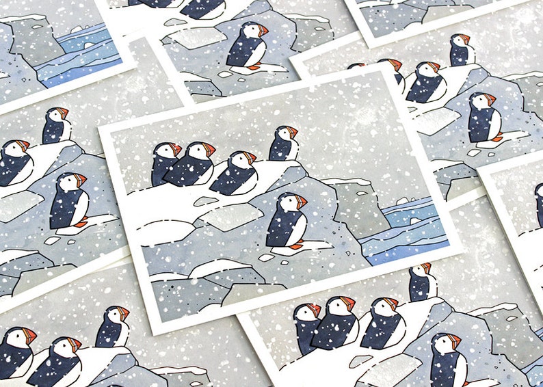 Puffins in Snow Holiday Card Set Nature Themed Cards image 1