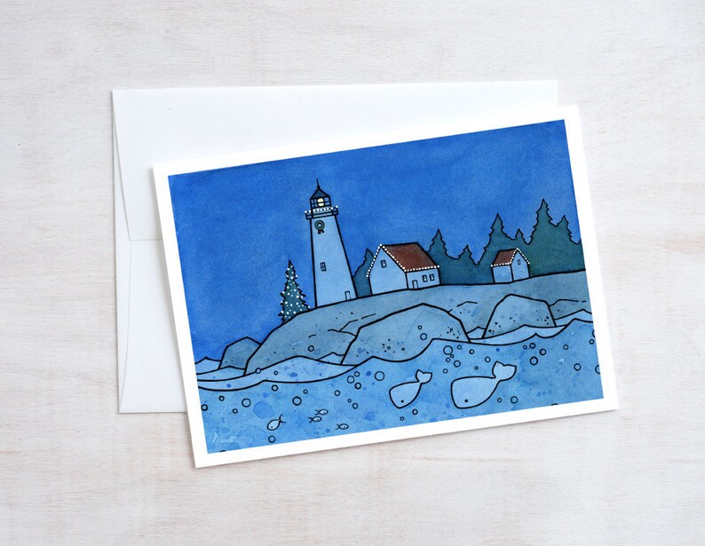 Whale Christmas Card Whimsical Nautical Lighthouse Holiday Card image 1