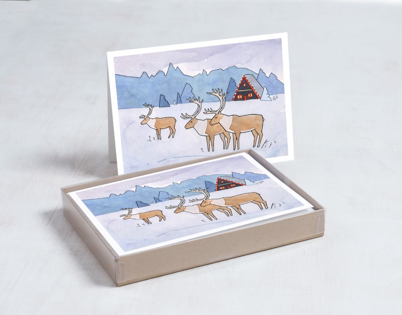 Reindeer Christmas Cards Scandinavian Holiday Whimsical Art Cards image 3