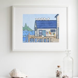 Lobster Dock Art Print Whimsical New England Seascape Print Watercolor Art Print image 2