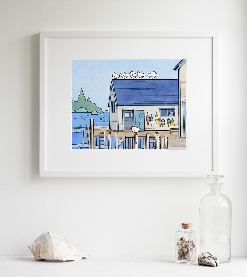 Lobster Dock Art Print Whimsical New England Seascape Print Watercolor Art Print image 2