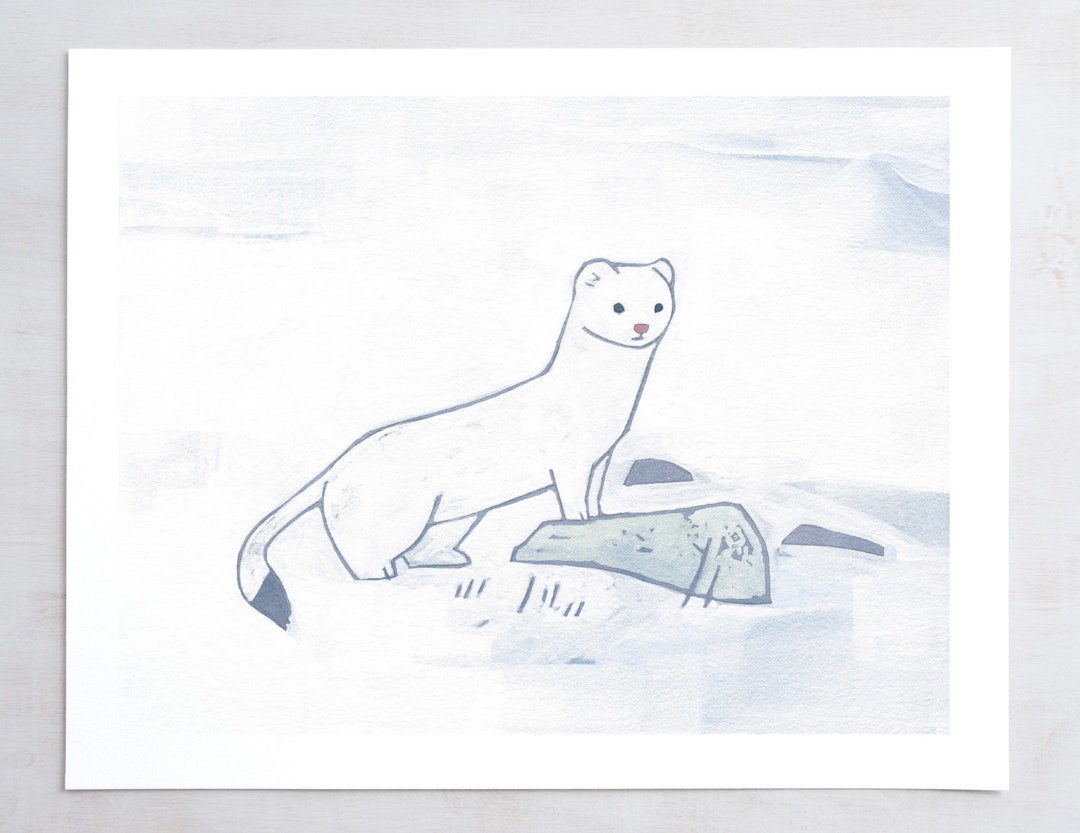 Ermine Print White Weasel in Snow Painting Whimsical Animal Art Etsy