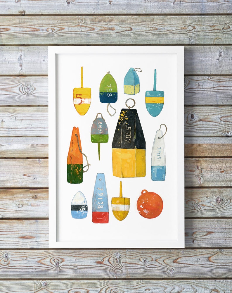 May include: A collection of 12 colorful, weathered, wooden nautical buoys with various numbers and lettering. The buoys are arranged in a random pattern on a white background.