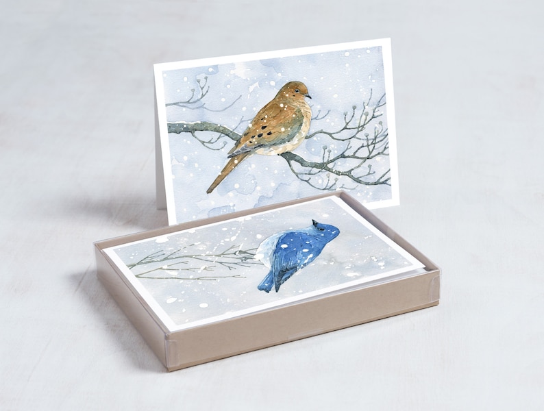 Winter Birds Holiday Cards Mixed Set 2 Birds in Snow Watercolor Christmas Card Set Festive Stationary image 7