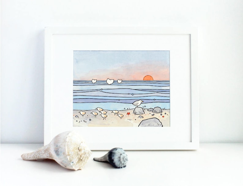 Beach Illustration Sandpipers and Whales Print Coastal Shore Art Illustration 8x10 (11x14 mat)